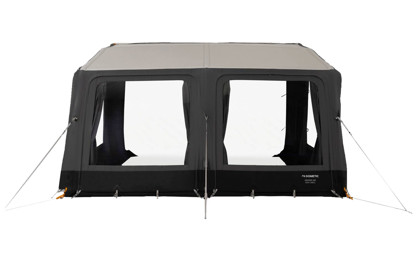 Large rectangular tent with light gray roof, black lower section and two rectangular windows, ropes at the sides, white background