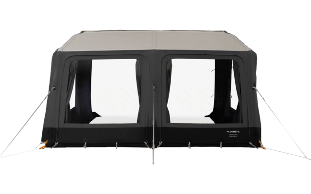 Large rectangular tent with light gray roof, black lower section and two rectangular windows, ropes at the sides, white background