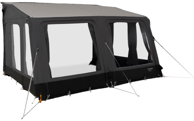 Dark gray rectangular awning with three large front window panels, side windows, black window frames, support poles, guy lines and attachment points