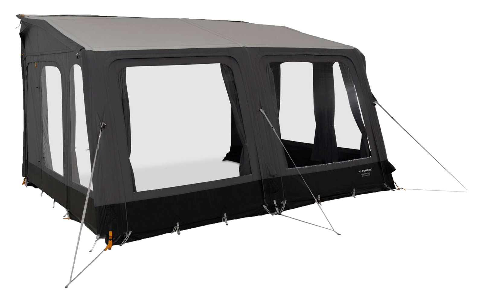 Dark gray rectangular awning with three large front window panels, side windows, black window frames, support poles, guy lines and attachment points