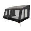 Rectangular dark-gray tent with a black lower section, three large front clear windows, two side windows, visible metal poles at the corners, guy lines and orange fasteners