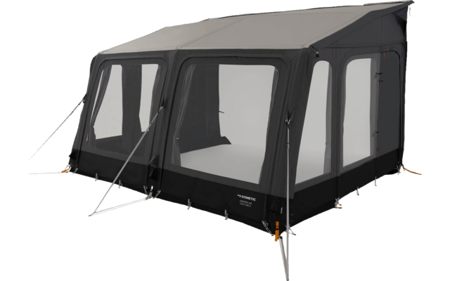 Rectangular dark-gray tent with a black lower section, three large front clear windows, two side windows, visible metal poles at the corners, guy lines and orange fasteners