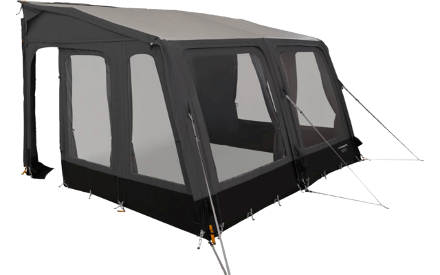 Dark gray, freestanding tent/awning with multiple transparent windows, open side entrance on the left, visible guy lines and stakes