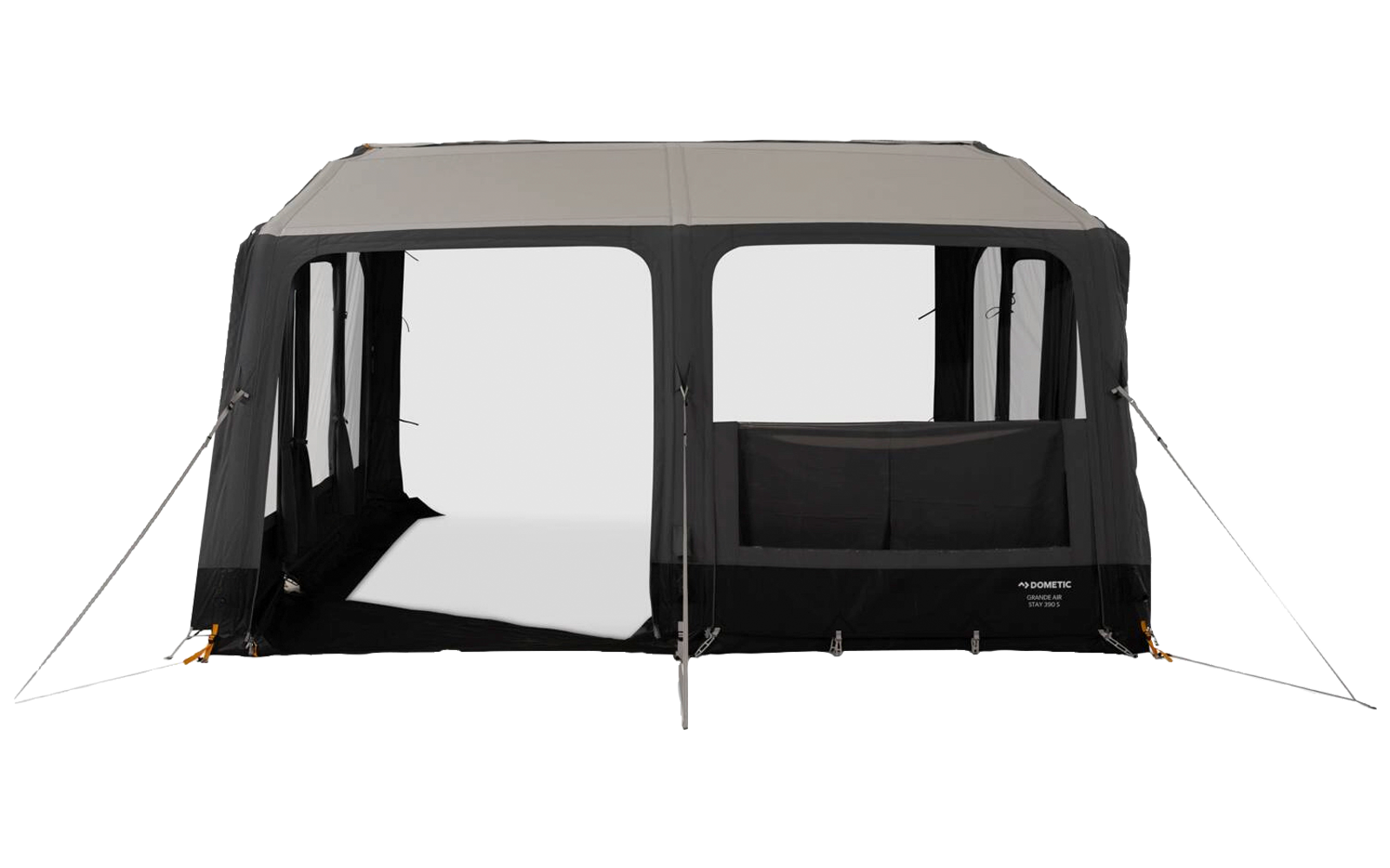 Rectangular freestanding tent with a gray roof and black side walls; two large rectangular front windows and a central doorway opening; guy lines on the sides