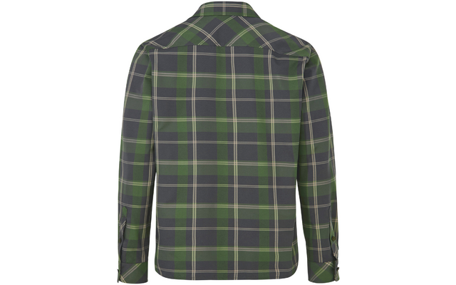 Rückseite eines karierten Hemdjackets in Grün, Dunkelgrau und Beige; lange Ärmel, Kragen, Rückenpasse, geknöpfte Manschetten