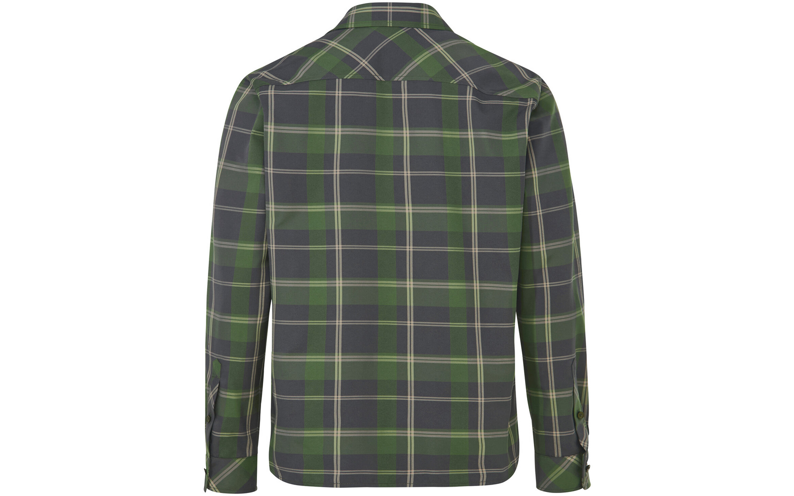 Rückseite eines karierten Hemdjackets in Grün, Dunkelgrau und Beige; lange Ärmel, Kragen, Rückenpasse, geknöpfte Manschetten
