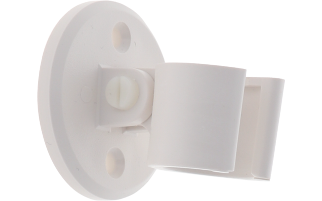 Weißer Kunststoffhalter mit rundem Sockel, zwei Schraublöchern und einem daran befestigten rechteckigen Clip