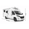 Camping-car blanc avec deux fenêtres latérales, porte latérale, rétroviseurs et roues noires; dimensions indiquées : longueur 600–660 cm, largeur 240 cm, hauteur 295 cm
