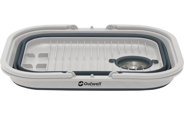 Rechteckiges, zusammenklappbares Behältnis mit weißem und grauem Kunststoffrand, gerilltem Abtropfbrett innen, runde Abflussöffnung mit Deckel rechts, Outwell‑Logo vorne