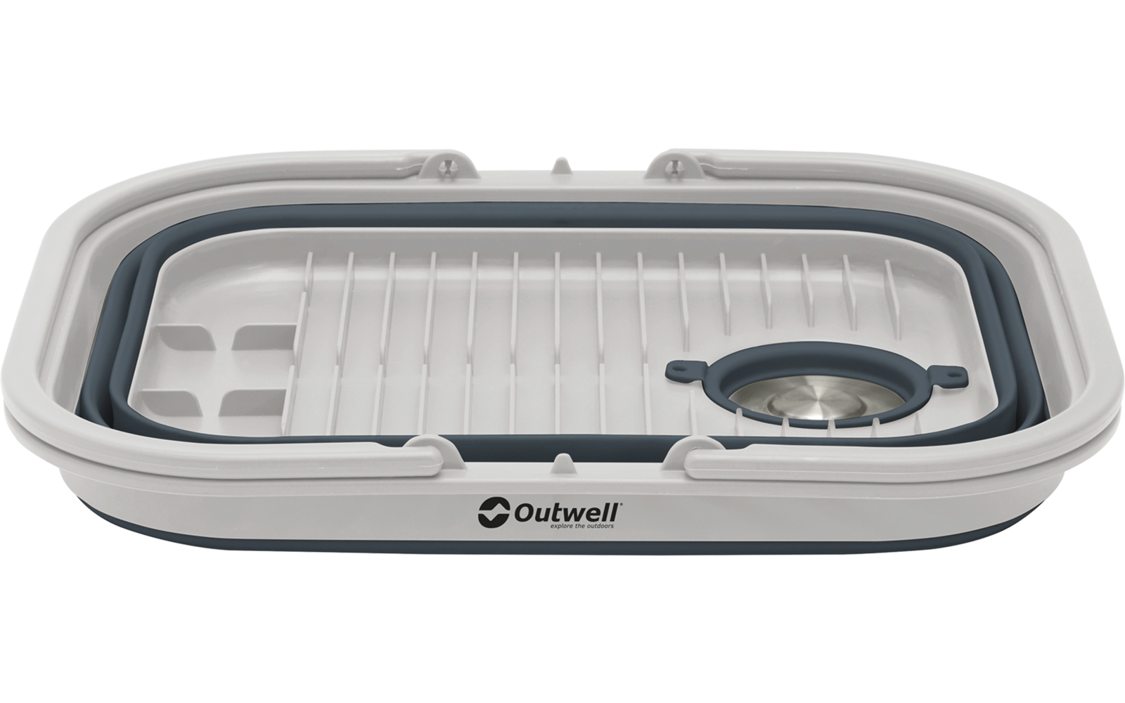 Rechteckiges, zusammenklappbares Behältnis mit weißem und grauem Kunststoffrand, gerilltem Abtropfbrett innen, runde Abflussöffnung mit Deckel rechts, Outwell‑Logo vorne