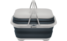 Inklapbare rechthoekige doos met twee opgerichte draaghendels, donkerblauwe opvouwbare middensectie, witte boven- en onderkant en 'Outwell'-logo aan de voorkant