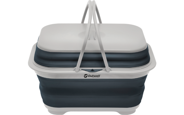Klappbare rechteckige Box mit zwei aufgerichteten Tragegriffen, dunkelblauem faltbarem Mittelteil, weißer Ober- und Unterseite und 'Outwell'-Logo vorne