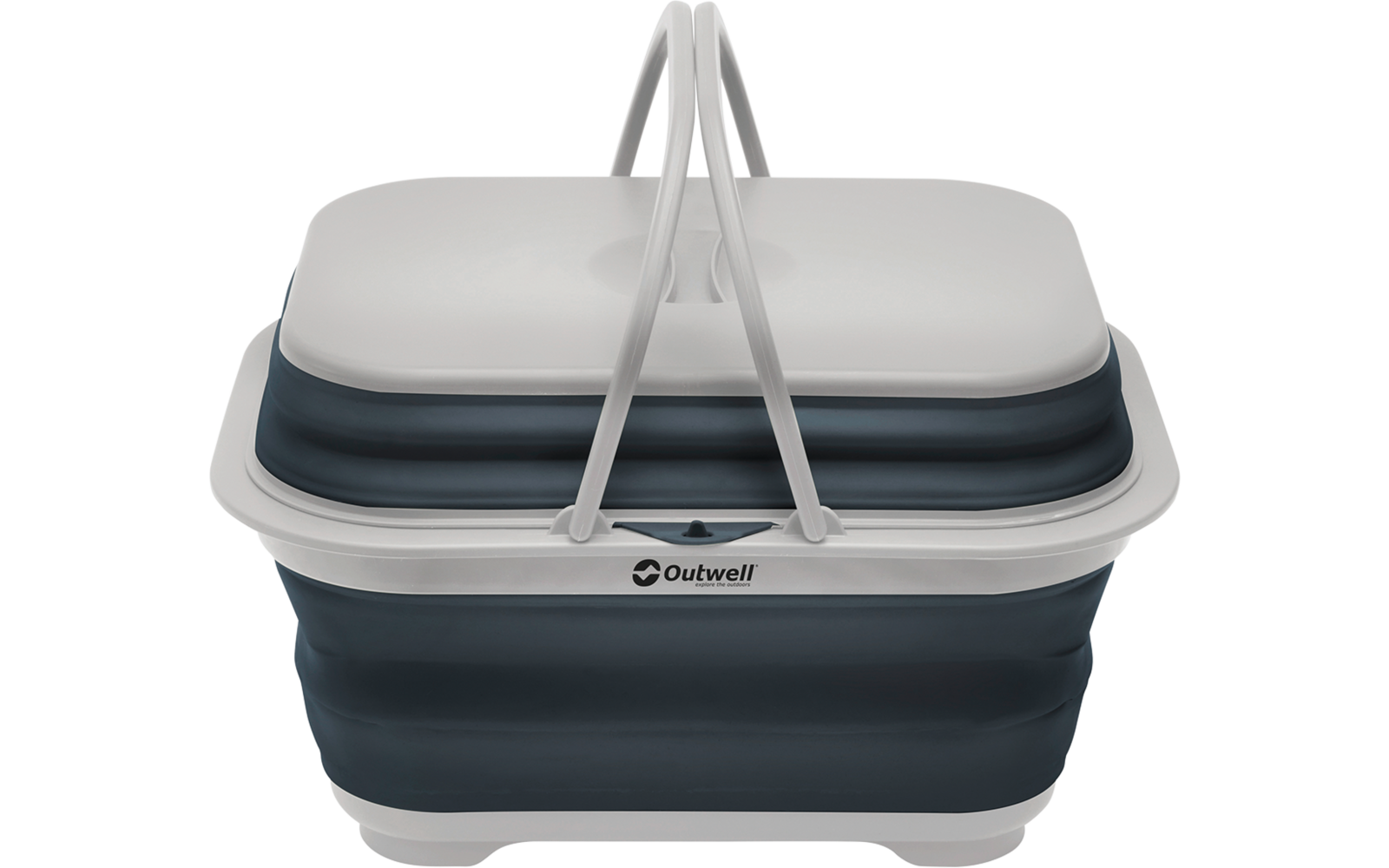 Klappbare rechteckige Box mit zwei aufgerichteten Tragegriffen, dunkelblauem faltbarem Mittelteil, weißer Ober- und Unterseite und 'Outwell'-Logo vorne