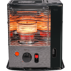 Heater with front metal grill, visible glowing heating element, rotary knob, sliding switch, and "Qlima" label