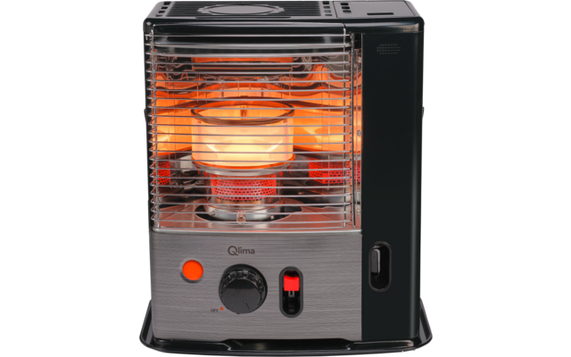 Heater with front metal grill, visible glowing heating element, rotary knob, sliding switch, and "Qlima" label