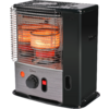 Black portable heater with metal grille at the front, visible orange glowing heating element, and front control knob and switch