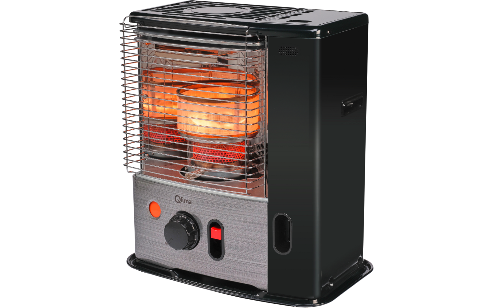 Black portable heater with metal grille at the front, visible orange glowing heating element, and front control knob and switch