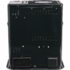 Black rectangular metal casing with vertical ventilation slots and two small rectangular panels at the bottom edge