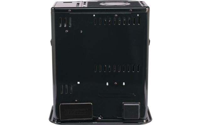 Black rectangular metal casing with vertical ventilation slots and two small rectangular panels at the bottom edge