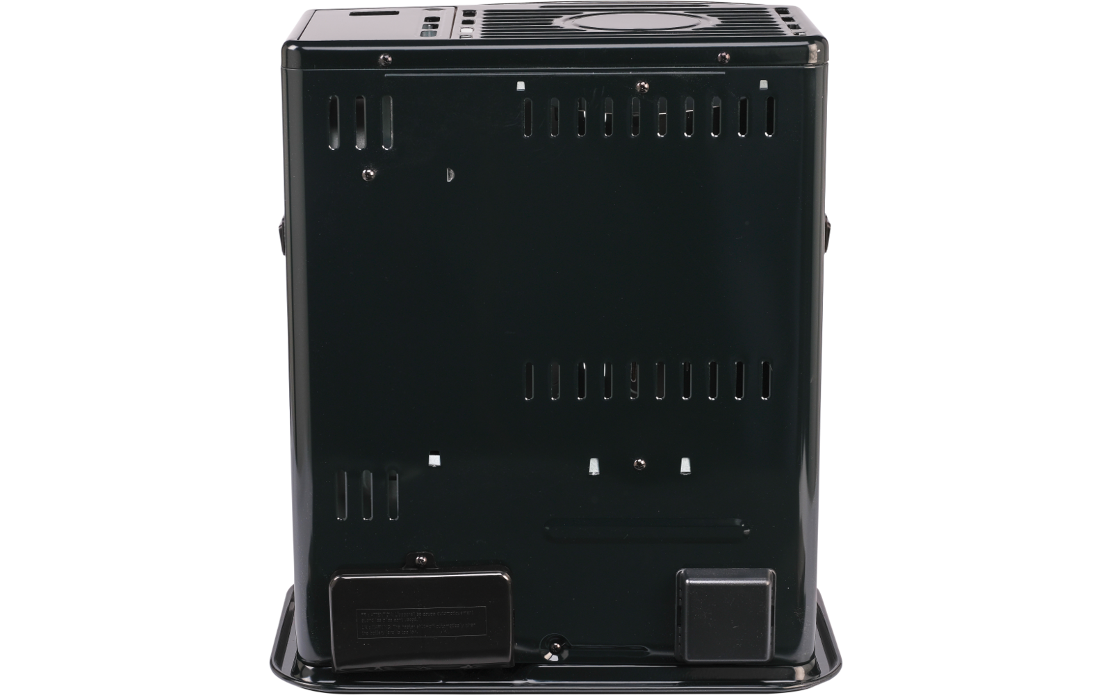 Black rectangular metal casing with vertical ventilation slots and two small rectangular panels at the bottom edge