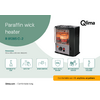Black paraffin-wick heater with visible glowing orange heating element and two control knobs, model "R 8128S C-2", Qlima logo top right, left green area with text "Paraffin wick heater", row of icons with labels, orange button with text "Comfortable warmth, anytime, anywhere"