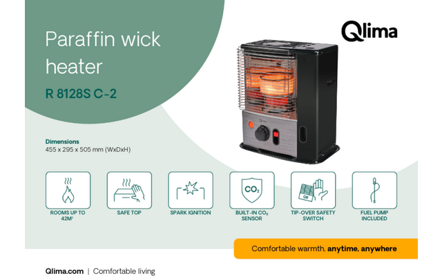 Black paraffin-wick heater with visible glowing orange heating element and two control knobs, model "R 8128S C-2", Qlima logo top right, left green area with text "Paraffin wick heater", row of icons with labels, orange button with text "Comfortable warmth, anytime, anywhere"