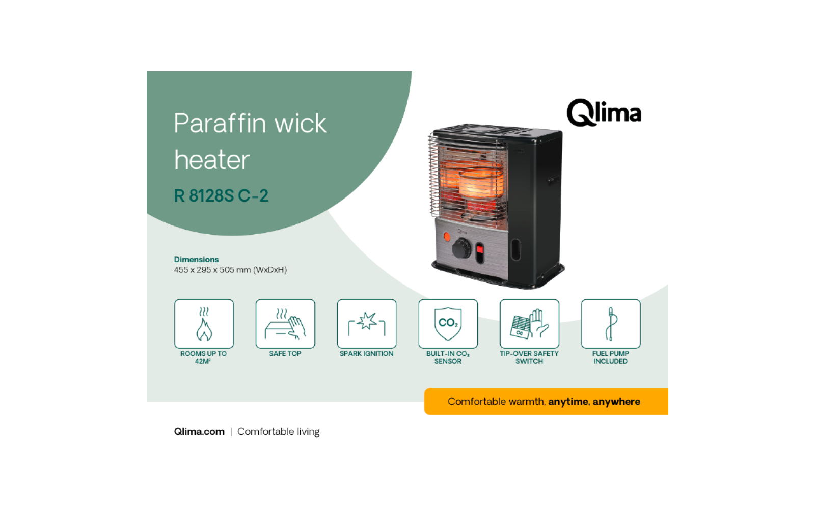 Black paraffin-wick heater with visible glowing orange heating element and two control knobs, model "R 8128S C-2", Qlima logo top right, left green area with text "Paraffin wick heater", row of icons with labels, orange button with text "Comfortable warmth, anytime, anywhere"