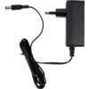 Adaptador de corriente negro con clavija europea de dos pines y cable enrollado que termina en un conector cilíndrico redondo