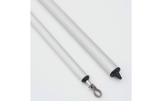 Twee witte stokken, een met een metalen oogje aan het uiteinde, de andere met een zwarte punt