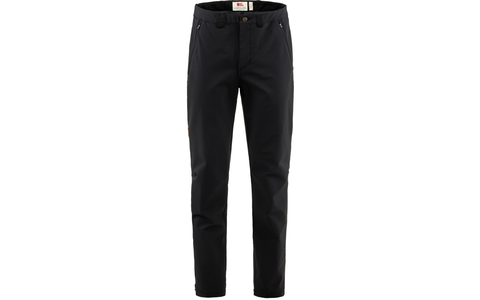 Schwarze lange Hose, Vorderansicht; Bund mit Knopf und Reißverschluss; zwei schräge Reißverschlusstaschen; schmal zulaufende Beine; kleines rechteckiges Patch an der Außenseite des rechten Oberschenkels