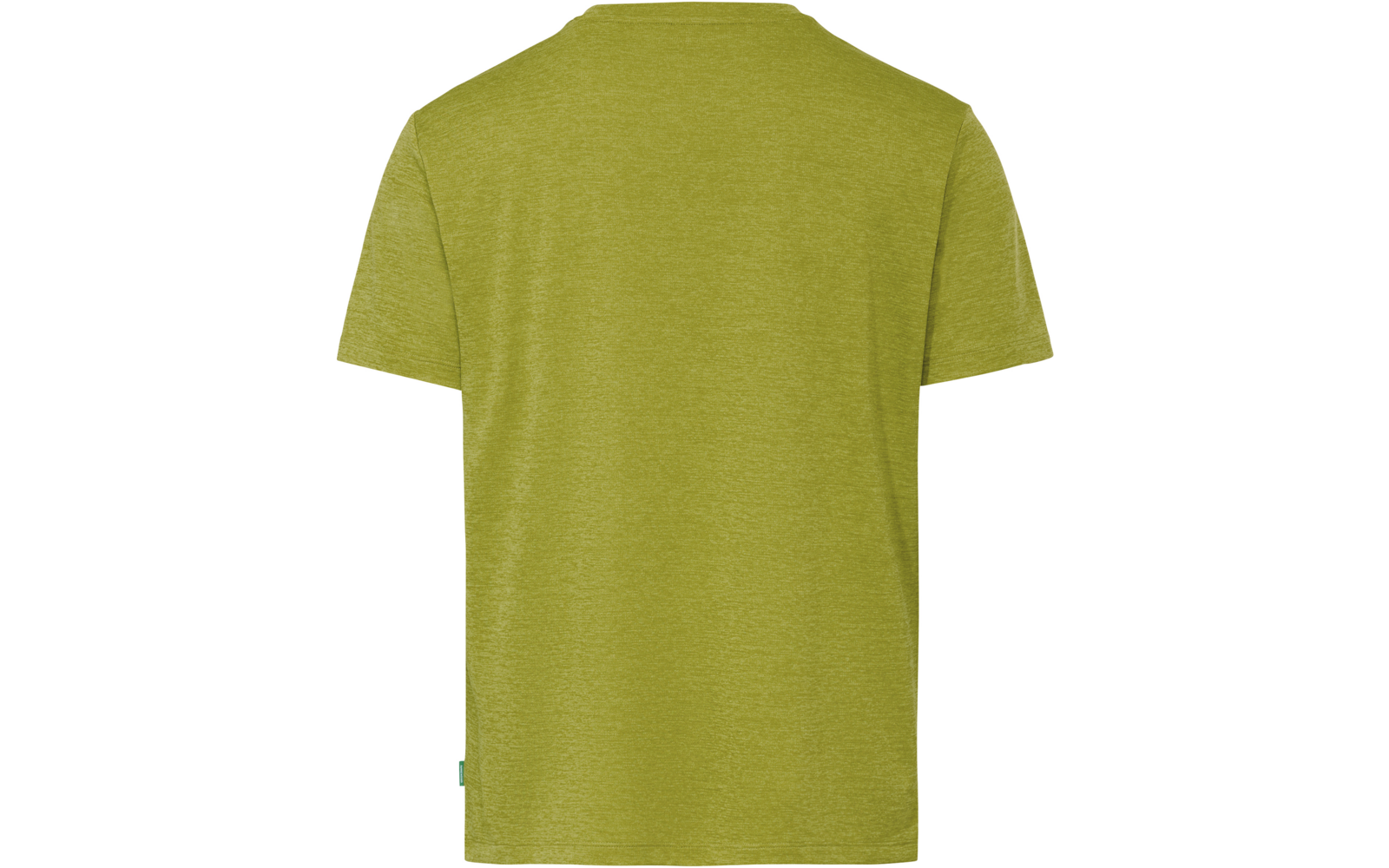 Achteraanzicht van een lichtgroen gemêleerd T-shirt met korte mouwen, ronde hals en klein groen zijlabel op witte achtergrond