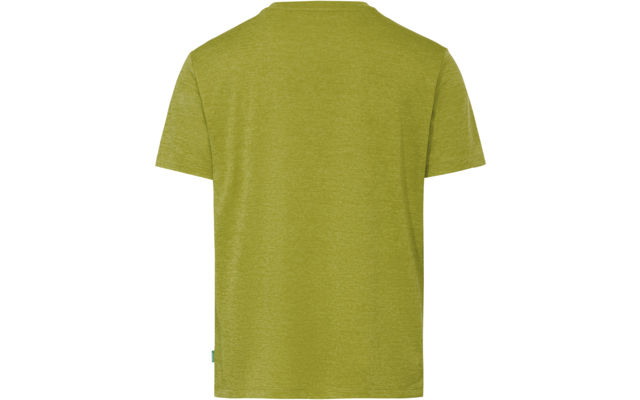 Achteraanzicht van een lichtgroen gemêleerd T-shirt met korte mouwen, ronde hals en klein groen zijlabel op witte achtergrond