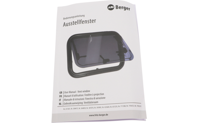 Weiße Bedienungsanleitung mit Berger-Logo oben rechts, den Worten 'Bedienungsanleitung' und 'Ausstellfenster' und Foto eines schwarzen, rechteckigen Fensters mit abgerundeten Ecken
