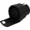 Schwarzer runder Steckverbinder mit sieben Metallkontakten und geöffneter Schutzklappe