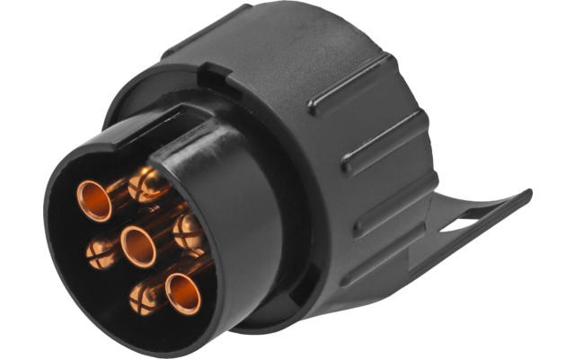 Conector redondo de plástico negro con contactos metálicos redondos color dorado dispuestos en círculo, cuerpo acanalado y lengüeta de montaje lateral