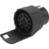Conector redondo negro con siete contactos metálicos y tapa protectora abierta