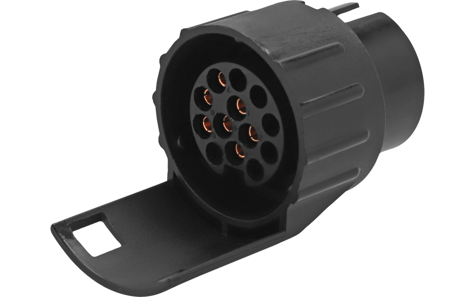 Conector redondo negro con siete contactos metálicos y tapa protectora abierta