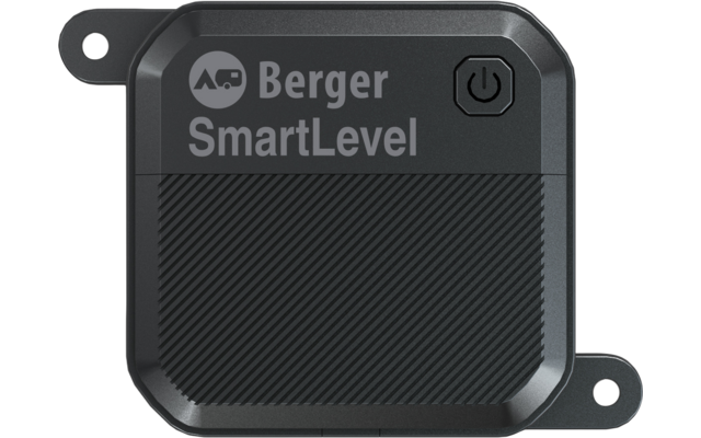 Quadratisches dunkelgraues Kunststoffgerät mit abgerundeten Ecken, zwei seitlichen Befestigungslaschen mit Bohrungen, oben Schriftzug 'Berger SmartLevel' und Logo, diagonale Riffelung auf der unteren Hälfte, Einschaltsymbol oben rechts