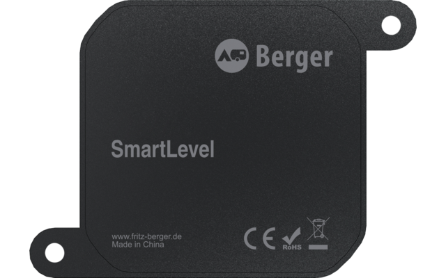 Schwarzes quadratisches Gerät mit abgerundeten Ecken und zwei Laschen mit Bohrungen; Vorderseite zeigt Logo "Berger", Text "SmartLevel", kleine Aufschrift "www.fritz-berger.de Made in China" sowie CE- und RoHS-Symbole