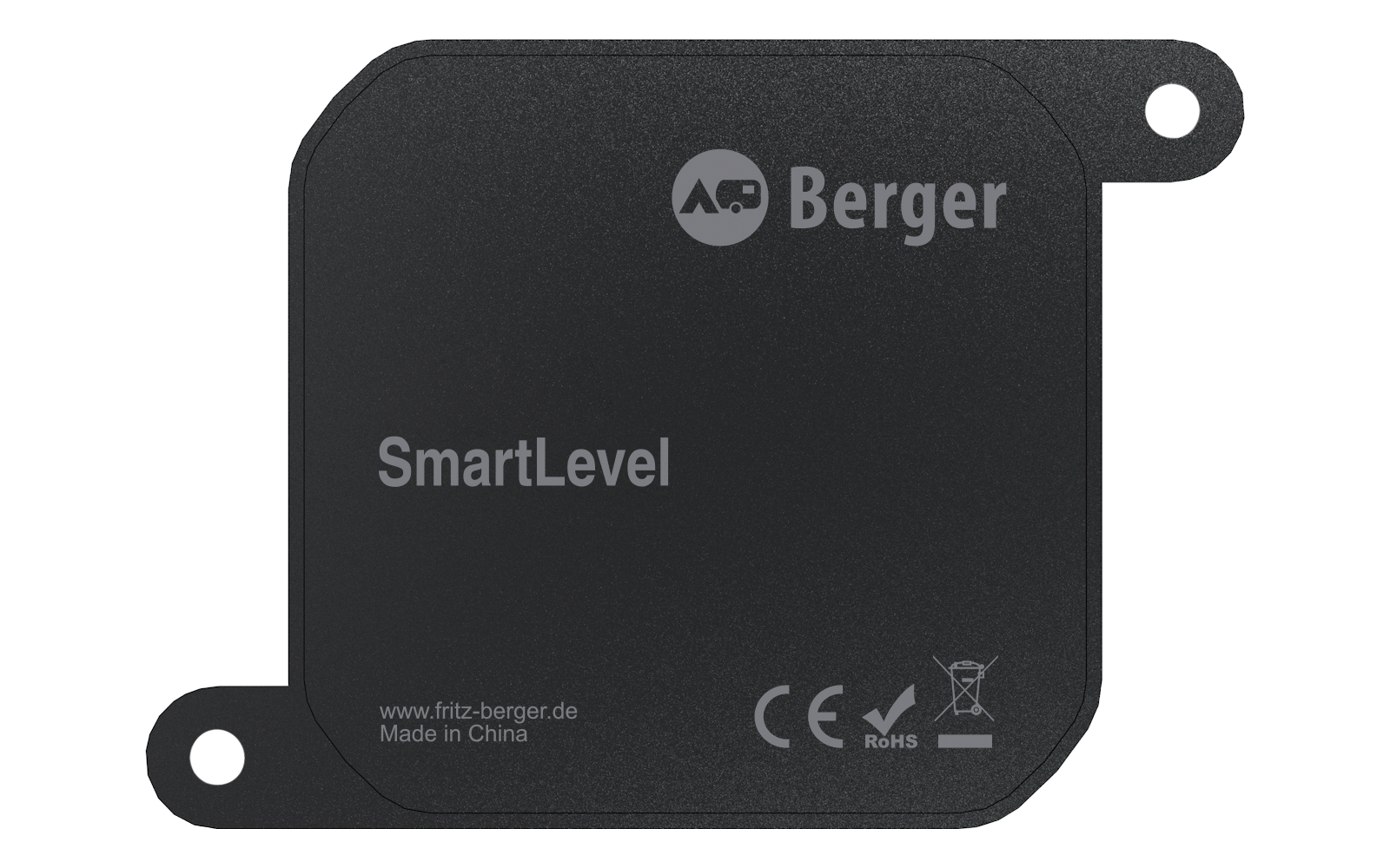 Schwarzes quadratisches Gerät mit abgerundeten Ecken und zwei Laschen mit Bohrungen; Vorderseite zeigt Logo "Berger", Text "SmartLevel", kleine Aufschrift "www.fritz-berger.de Made in China" sowie CE- und RoHS-Symbole