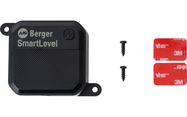 Schwarzes, abgerundetes rechteckiges Gerät mit der Aufschrift 'Berger SmartLevel', zwei schwarze Schrauben und zwei rote 3M-Klebepads