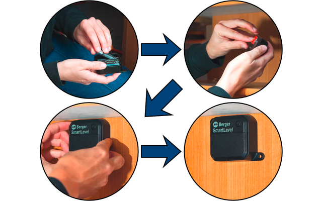 Vier kreisförmige Fotos mit blauen Pfeilen dazwischen; zu sehen sind Hände, ein schwarzes rechteckiges Gerät mit der Aufschrift "Berger SmartLevel", eine Batterie und eine Holzoberfläche; eines der Fotos zeigt das montierte Gerät