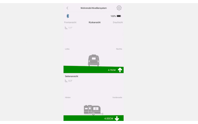 Écran de smartphone affichant une application avec deux icônes gris de camping-car empilées ; chacune a une barre verte avec une flèche blanche vers le haut et une valeur numérique ; barre d'état avec icône Bluetooth et '100%'