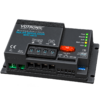 Black rectangular device with printed 'VOTRONIC', 'SOLAR REGULATOR MPPT 440 CI' and '12V'; four screw terminals, orange 40 A fuse, multiple green and yellow LED indicator lights, green sockets on the left, blue slide switch on the right, CE mark