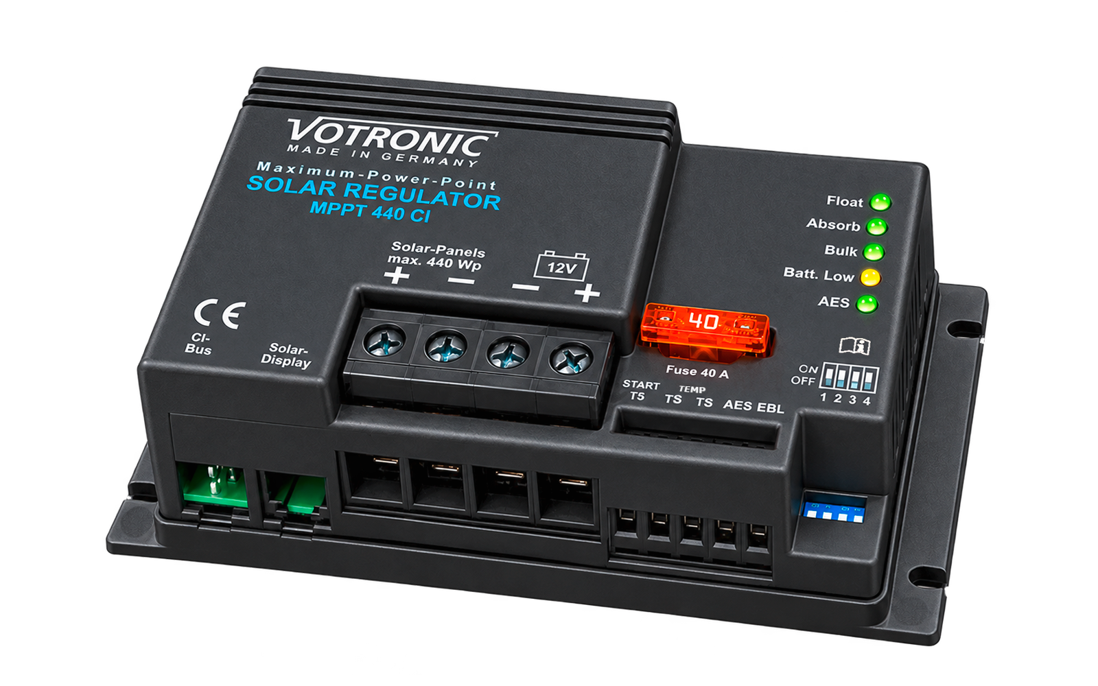 Black rectangular device with printed 'VOTRONIC', 'SOLAR REGULATOR MPPT 440 CI' and '12V'; four screw terminals, orange 40 A fuse, multiple green and yellow LED indicator lights, green sockets on the left, blue slide switch on the right, CE mark