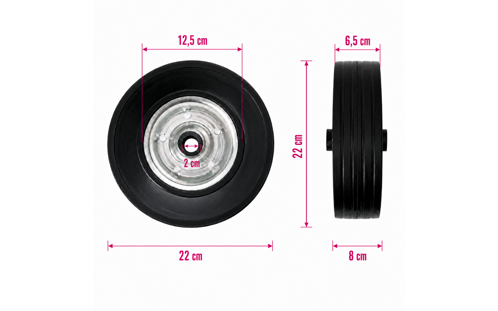 Links Vorderansicht eines schwarzen Rads mit glänzender Metallnabe; rechts Seitenansicht. Rosa Maßpfeile mit Beschriftungen: 22 cm, 12,5 cm, 2 cm, 6,5 cm, 8 cm