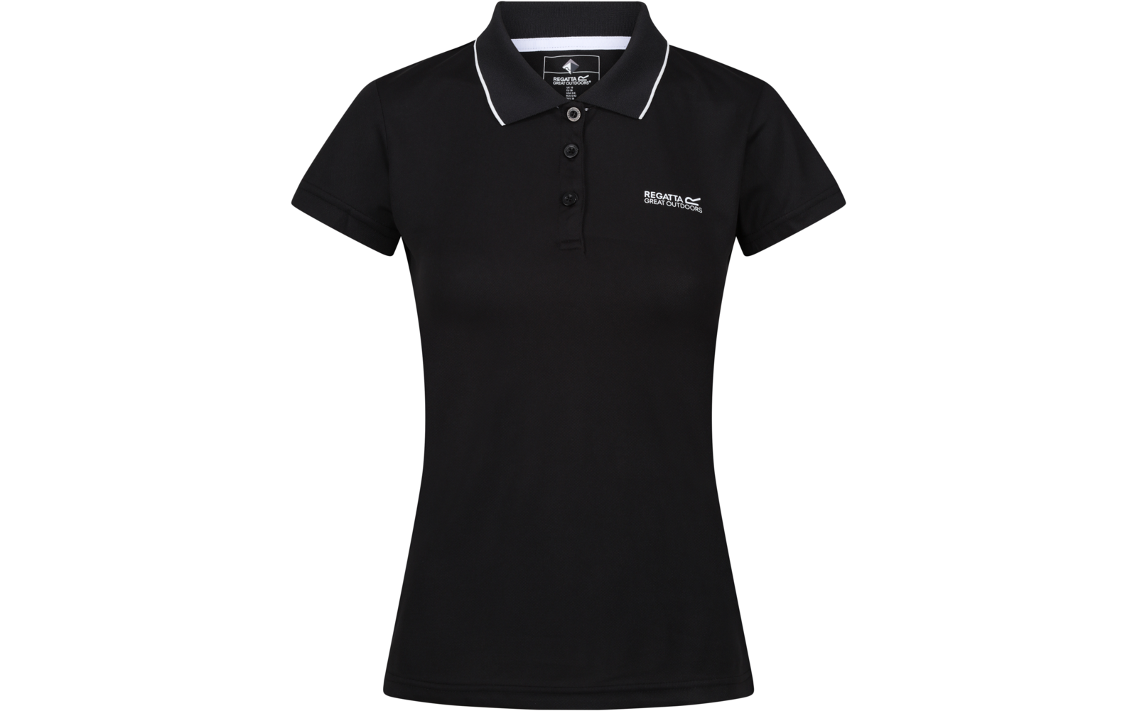 Schwarzes tailliertes Poloshirt mit kurzen Ärmeln, Dreiknopfleiste, weißer Kontrastkante am Kragen und kleinem weißen Logo auf der linken Brust