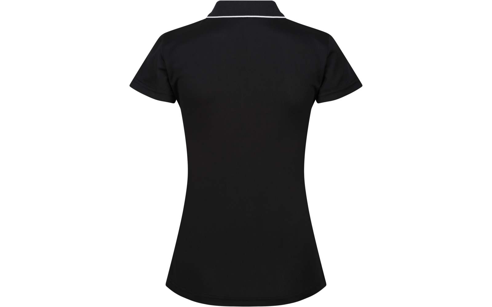 Schwarzes kurzärmeliges Poloshirt, Rückansicht, leicht taillierter Schnitt, weißer Streifen am Kragen