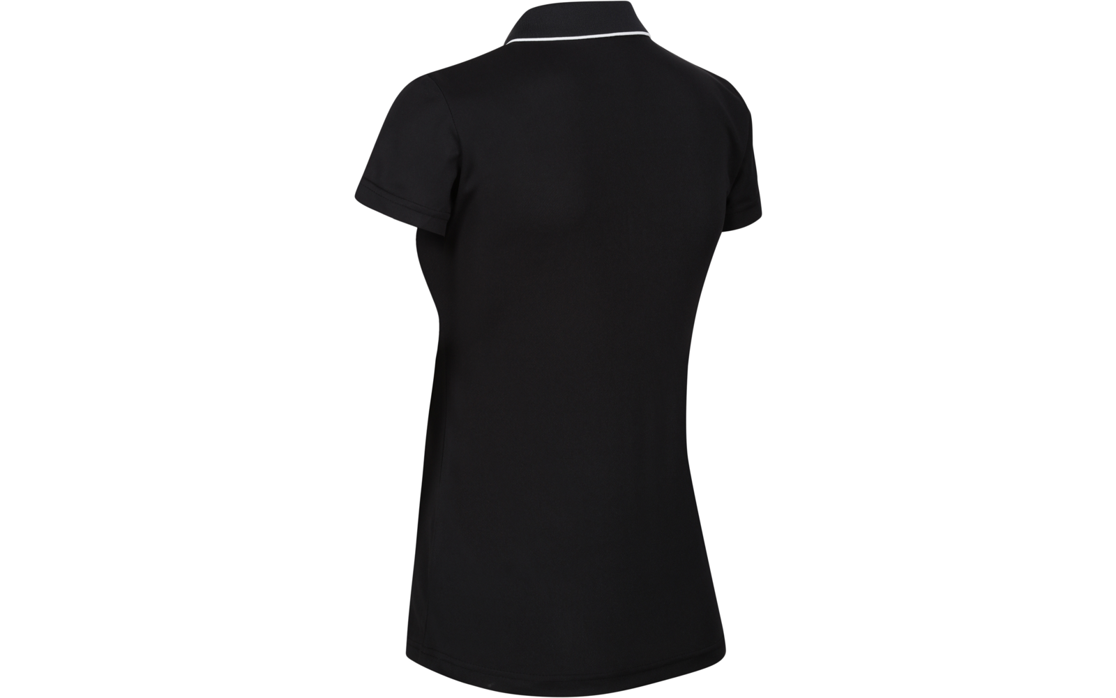 Schwarzes, kurzärmeliges Poloshirt in Rückenansicht mit weißer Kante am Kragen