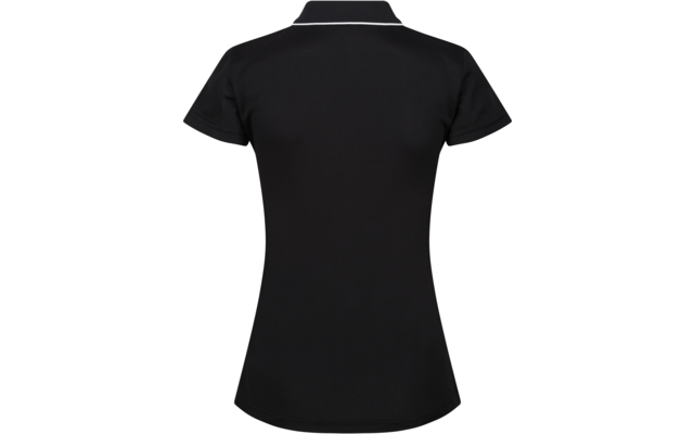Schwarzes kurzärmeliges Poloshirt, Rückansicht, leicht taillierter Schnitt, weißer Streifen am Kragen